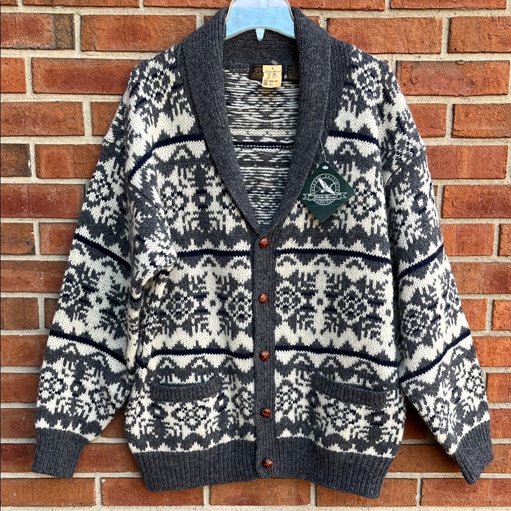 🆕 VTG Eddie Bauer British Wool Shetland Snowflake Heavy Knit Cardigan Pockets XL